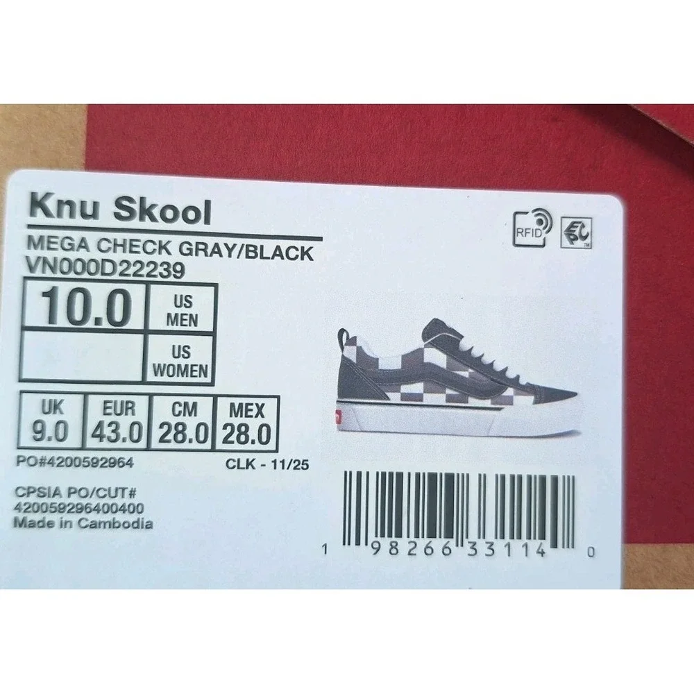 Sz 10 Vans Mega Check Knu Skool Skate Sneakers Mens Black White Checkerboard